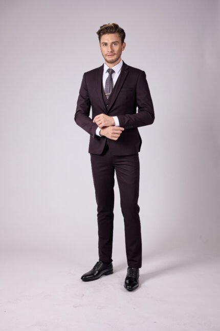 חליפת 3 יחידות בורדו כהה עם פס Super Slim Fit